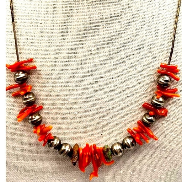 Vintage Orange Coral & Silver Bead Necklace With Turquoise Accents - Picture 1 of 7